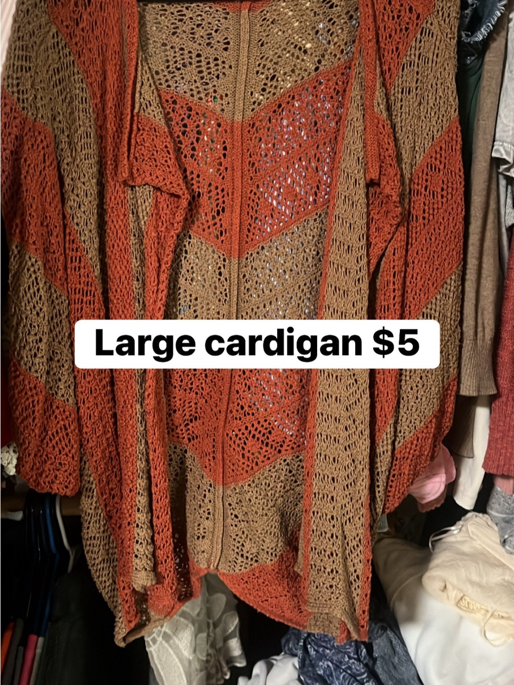 Open-Knit Striped Cardigan Sweater in Rust and Tan